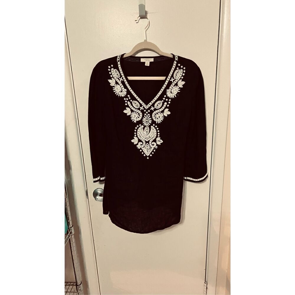 Charter Club Luxury Linen Tunic Navy Blue Blouse Beaded Trim SZ S